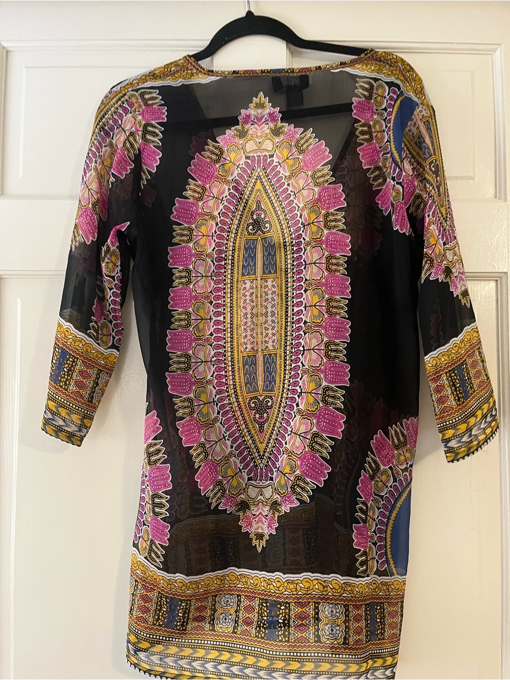 Women's Black Sheer Printed Tie-Waist Tunic/Cover up Pink & Gold Accents